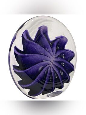 Vintage 1990s Kurt Walrath Signed Art Glass Paperweight Abstract Purple Flower
